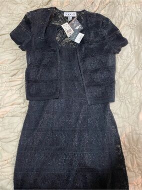 ALGO Black Mesh Knit Dress and Short Sleeve Cardigan Set